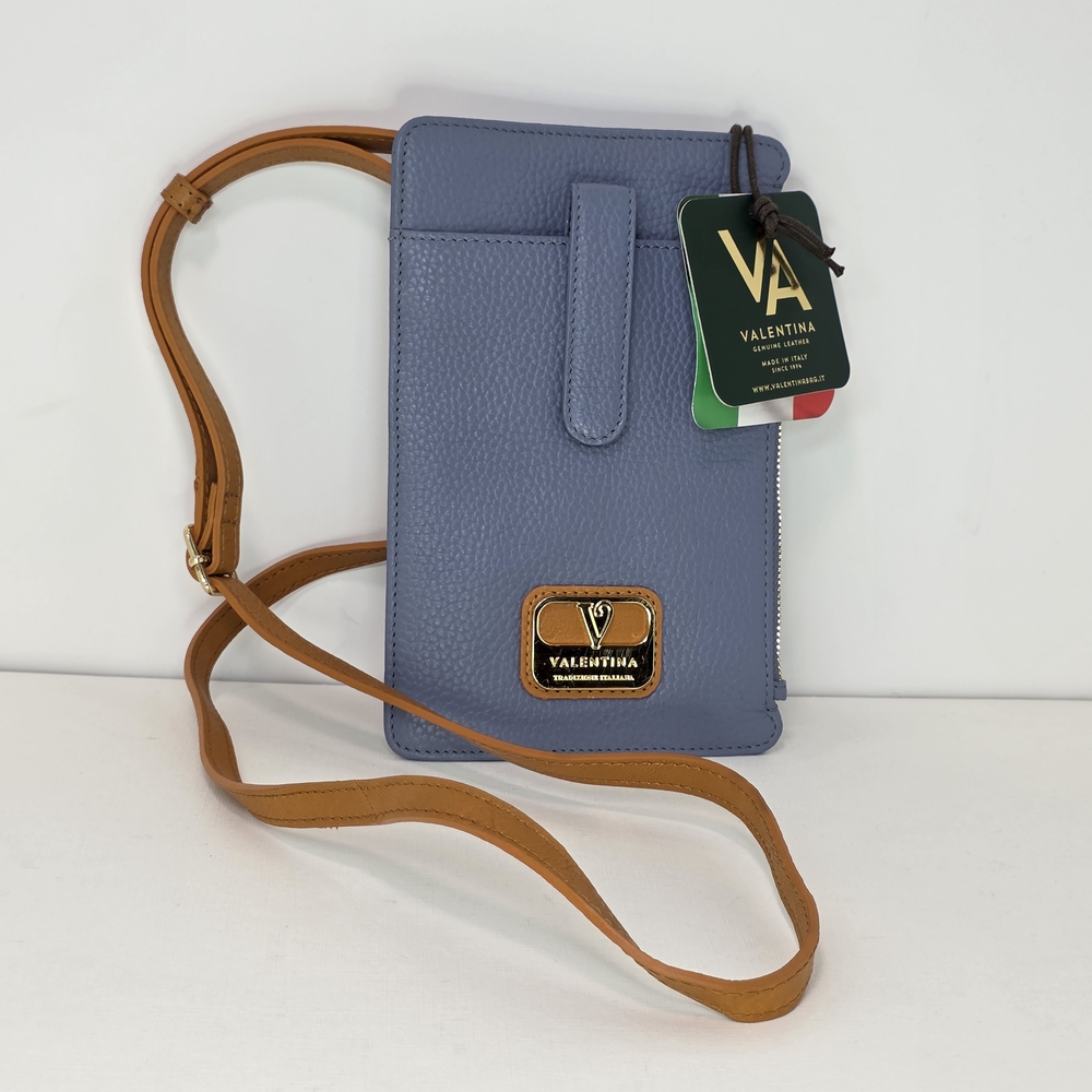 Valentina Pebbled Leather Crossbody Bag *Blue/Tan* NWT